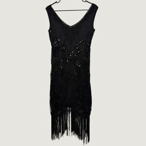 Vintage Style 1920s Flapper Dress S Beaded Sequin Fringe Gatsby Art Deco Black